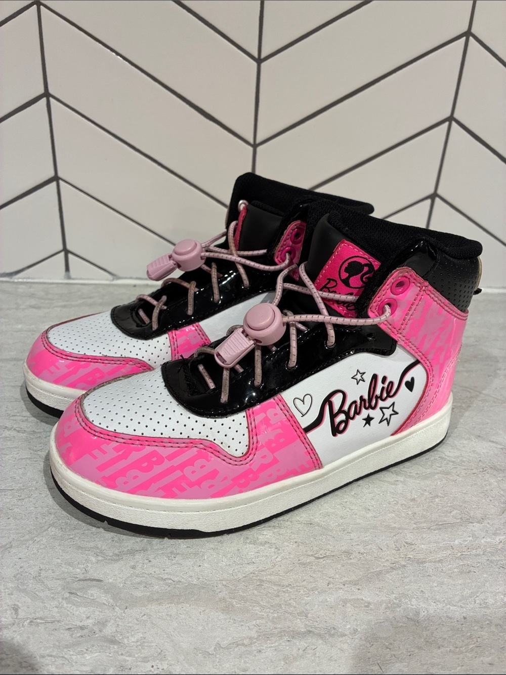 Barbie (1) Pink & White High-Top Kids Sneakers with No- Tie Laces